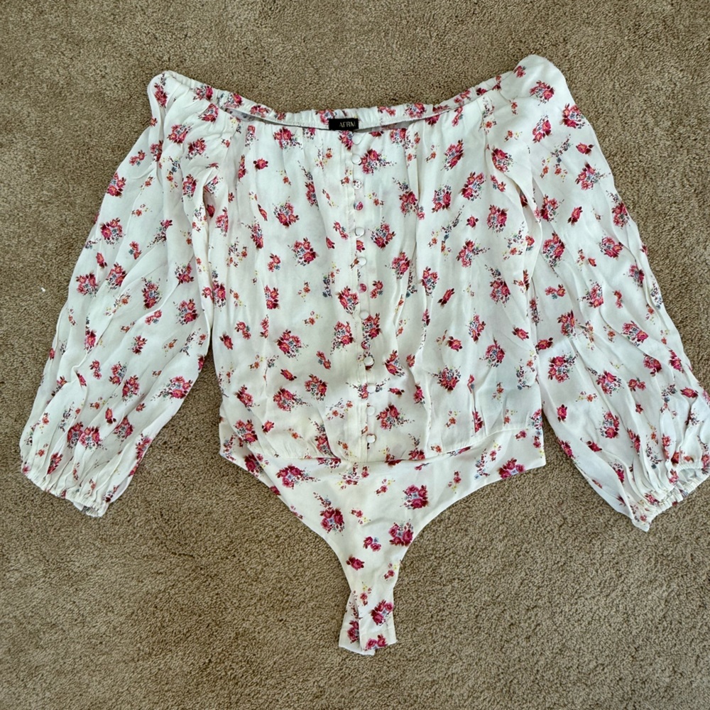 AFRM White and Pink Floral One-Shoulder Blouse